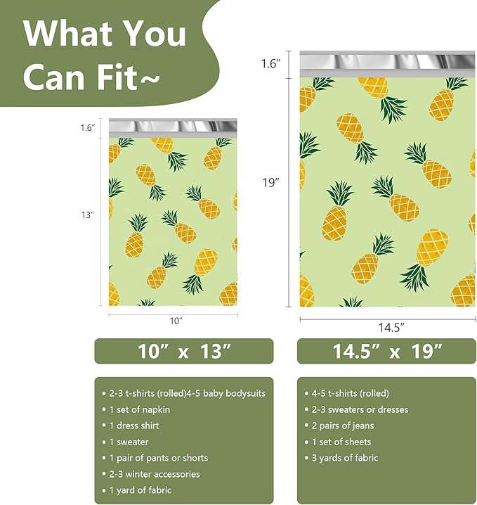 Poly Mailers 12x15.5 Inch 50 Pcs - Pineapple printed Shipping Bags, 2.4mil Thickness, Waterproof and Tear Resistant Mailing Envelopes, Self-Sealing Packaging Bags for Small Business