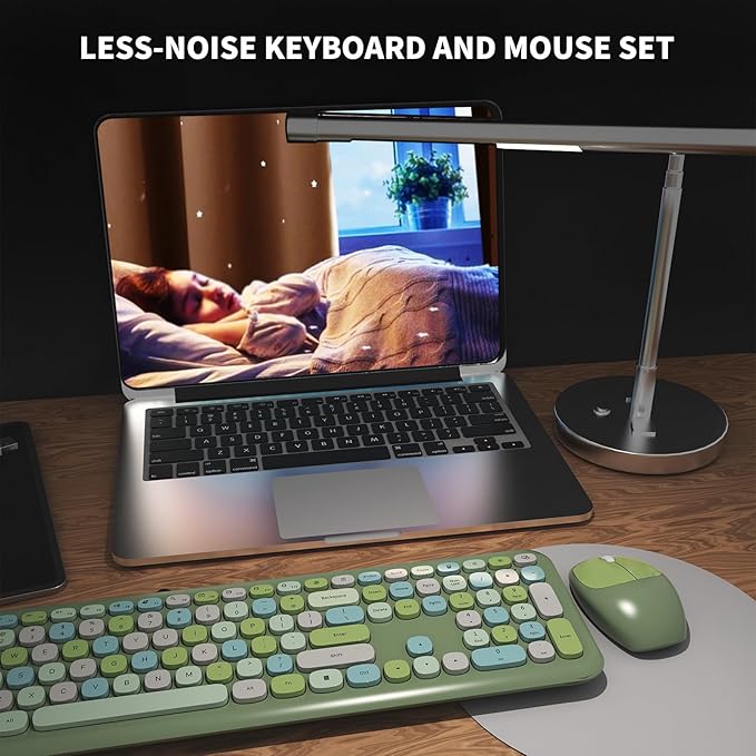 Wireless Keyboard and Mouse Combo, Colorful Ergonomic Full Size Retro Low-Noise Keyboard with Cute keycaps, Compatible with Windows, PC, Perfer for Home and Office Keyboards (Green)