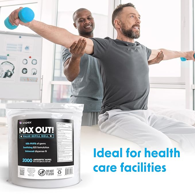 Wipex Max Out Sanitizing Wipes for Fitness Centers - 2000 Wipes Roll, Economy Refill Rolls for Dispensers, 5"x8" - Ideal for High Volume Commercial Use, 120 Rolls (Palletized Delivery)