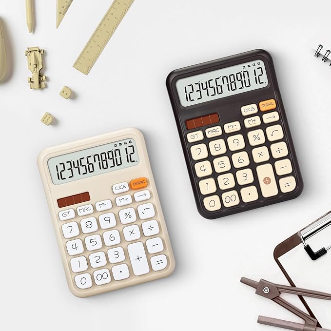 Pendancy Calculators Desktop, Basic 4 Function Handheld Desk Calculator with Solar Battery Dual Power, 12 Digit Large LCD Display Big Button for Office School Home Use (Beige)