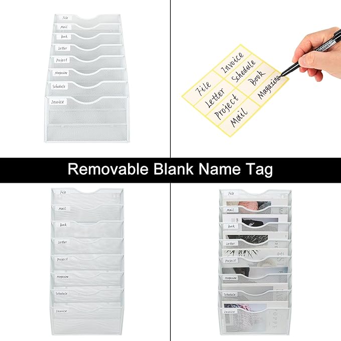 PAG Hanging Wall File Holder Organizer Mail Sorter Literature Rack for Office, 8 Pockets, White