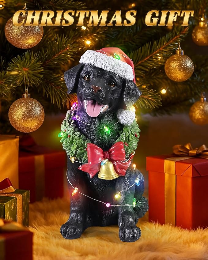 Christmas Outdoor Decoration Dog Statue, LED Light Cute Labrador Dog Sculpture with Santa Outfit & Lights for Garden and Yard, Indoor Holiday Décor Gift for mom and dad