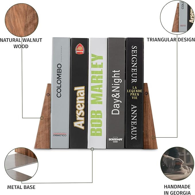 TILISMA Book Ends for Shelves - Handmade Wooden Bookends with Metal Base, Walnut Tree - Sturdy Book Holders for Heavy Books - Fancy Modern Decorative Book Accessories to Hold Books Firmly on Bookshelf