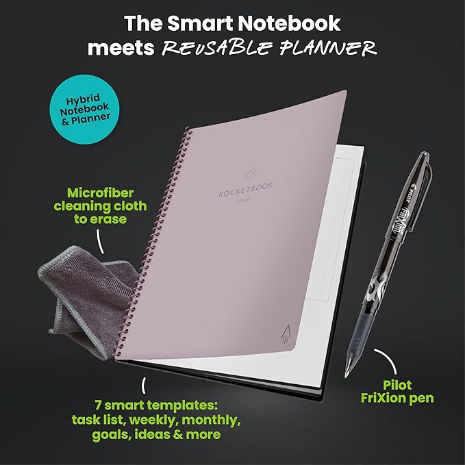 Rocketbook Fusion Hybrid Reusable Planner and Notebook in One, Additional Blank Pages, Goal and Project Tracker, Undated Planner, Letter Size 8.5x11, Pink (Pack of 1)