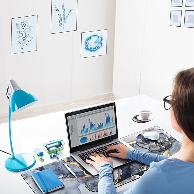 ARTSO Large Mouse Pad Ergonomic Keyboard Wrist Rest Support Combo, Memory Foam Gel Extended Desk Mat Protector, Non-Slip Desk Blotter, Dark Blue Marble