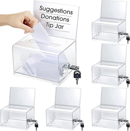 Chunful 6 Pcs Acrylic Donation Box with Lock and Sign Holder Clear Ballot Donation Boxes with Slot for Fundraising Suggestion Box Storage Container for Voting, Raffle Bowl, Tip Jar