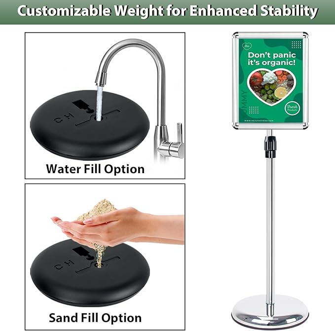 Poster Stand Holder Adjustable Pedestal Floor Standing Sign Holder Vertical and Horizontal View Sign Display, Aluminum Snap Open Frame with Safety Corner (Sliver-8.5x11)