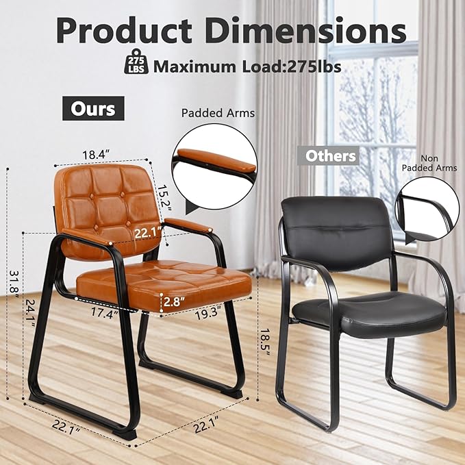 CLATINA Office Guest Chair, Leather Reception Chairs with Padded Arms, Desk Chair No Wheels Stationary for Conference Lobby Waiting Room Training Side Elderly, Set of 6-Orange