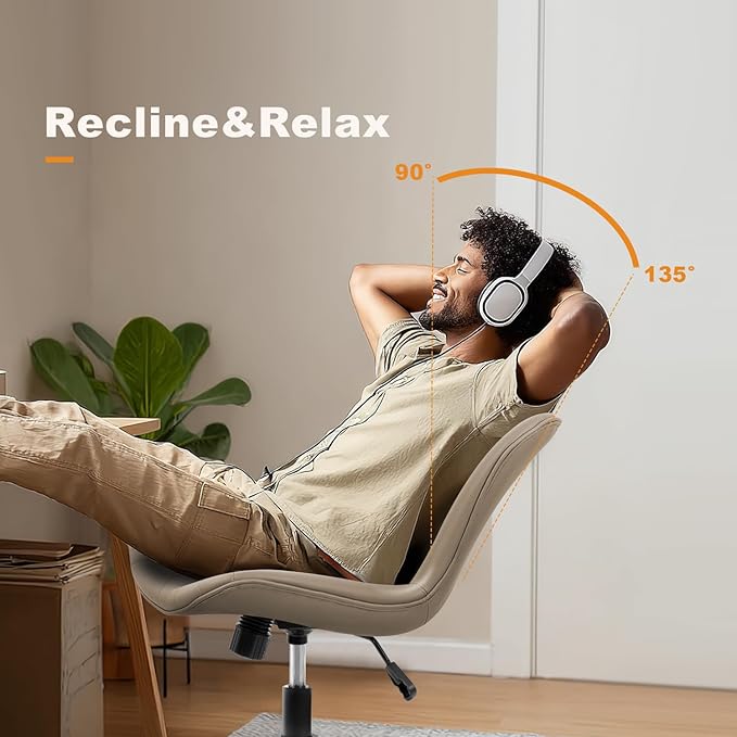 Office Chair, Armless Desk Chair with Wheels, Ergonomic Comfy Home Office Computer Task Chairs,Faux Leather Padded Cute Vanity Chair, Adjustable Height Swivel Chair with Back, Khaki