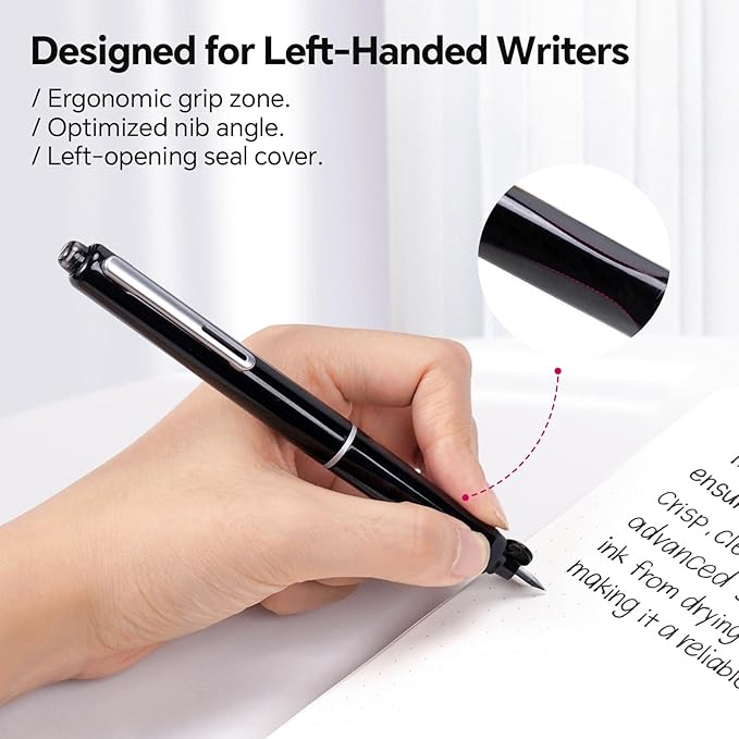WRITECH Fountain Pen Left Handed: Retractable Style Black Ink Set Fine Nib, Includes 5 Ink Cartridges for Smooth Writing Calligraphy Journaling