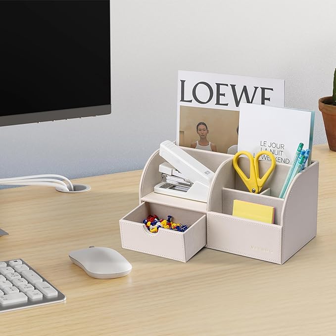 Vlando Office Supplies Desk Organizer Caddy, PU Leather Office Organization and Storage,Desktop Hanging File Letter Document Storage Holder with Drawer Beige