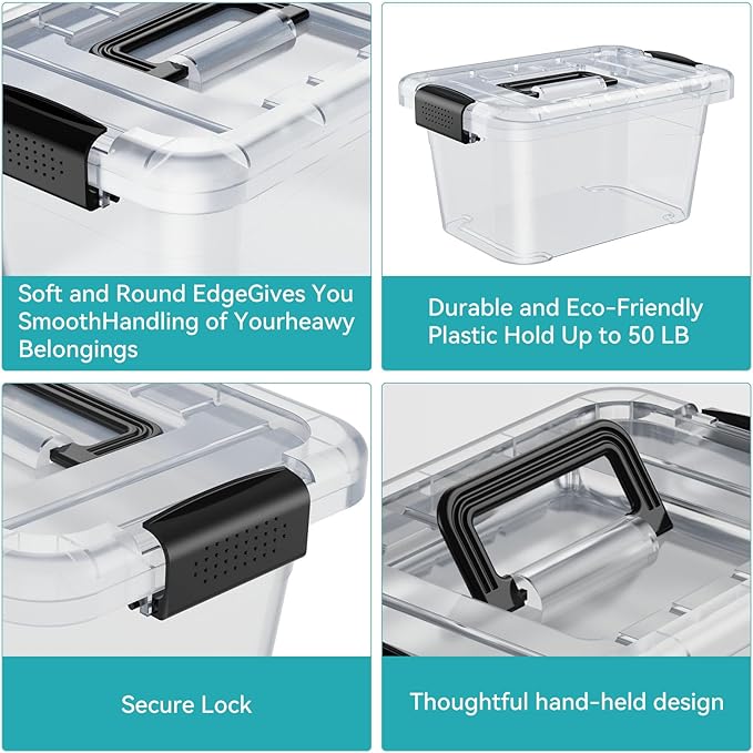 Nazhura Plastic Storage Bin, Stackable and Nestable Storage Boxes with White Lids and Secure Latching Buckles, Large Storage Container (CLEAR, 6QT 12PACK)