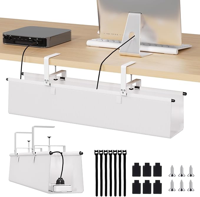 Under Desk Cable Management Tray - 28" Cord Organizer for Desk No Drill, Fabric Under Table Wire Organizer with 16X Cable Ties Hide for Office/Home, Cord Hider Fits Adapters & Sockets, White