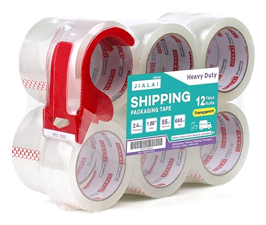 12 Rolls Clear Packing Tape, Heavy Duty Packaging Tape with Dispenser,1.88In x 55Yd,2.4Mil Thick Industrial Grade Transparent Tape Refills for Shipping,Moving,Sealing and storages