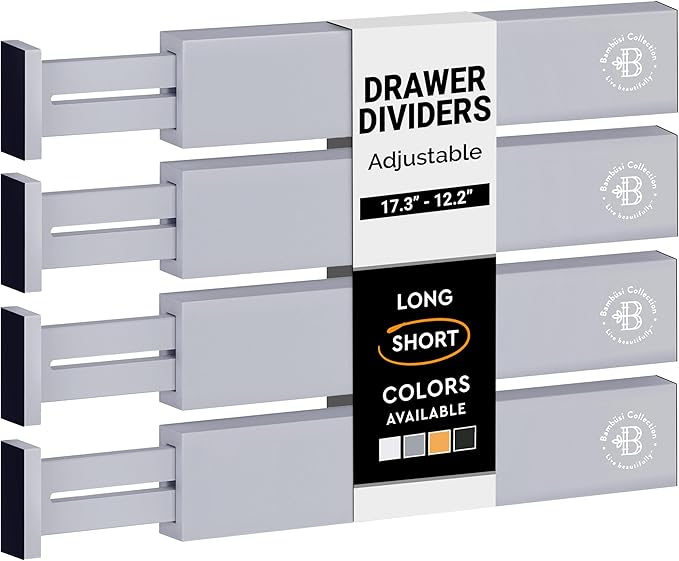 4 Pack Drawer Divider - Bamboo 2.6" High, 12.5-17" Adjustable Drawer Organizers for Clothes, Expandable Dresser Separators in Bedroom/Bathroom/Kitchen/Office Organization and Storage (Grey)