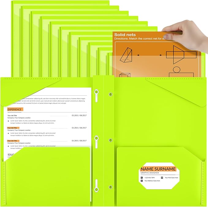 Henoyso 18 Pcs Plastic Folder with Clear Front Pocket and 3 Prong Plastic Folders with Card Slot Pocket Folders with Prongs for School Office (Fluorescent Green)