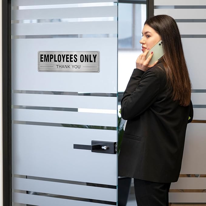 Employees Only Sign Aluminum Silver 9 x 3 Inches Self-Adhesive Waterproof Metal Door Wall Sign for Business Offices 4 Pack