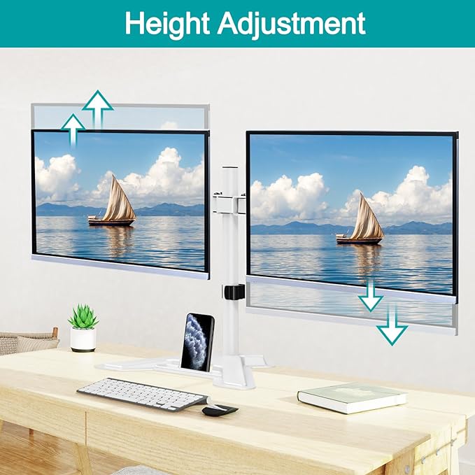 MOUNT PRO Dual Monitor Stand, Free-Standing Full Motion Monitor Desk Mount Fits 2 Screens up to 27 inches,17.6lbs with Height Adjustable, Swivel, Tilt, Rotation, VESA 75x75 100x100,White