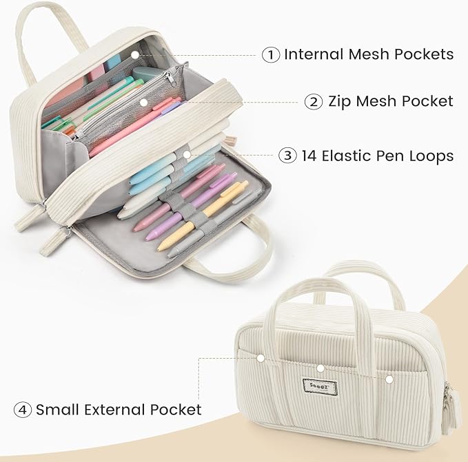 Sooez Large Pencil Case Pouch, Extra Big Pencil Bag with 5 Compartments, Pen Bag Wide Opening, Soft Corduroy Pen Pouch Organizer with Zipper, Cute Aesthetic School Supplies for Teen Girls-Green