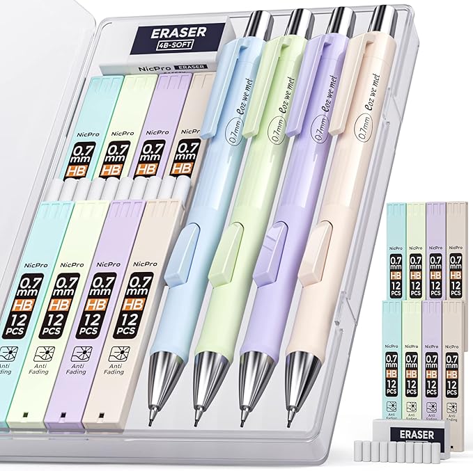Nicpro 4 PCS Pastel Mechanical Pencil 0.7mm, Cute Fast Click Mechanical Pencils Set with 8 Tubes HB Lead Refills, Erasers, Eraser Refills for School, Student Writing, Drawing, Sketching - with Case