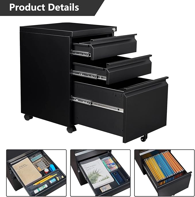 Mobile File Cabinet with Lock, 3 Drawer File Cabinet for Home Office, Rolling File Cabinet, Under Desk Locking Filing Cabinet on Wheels for Legal/Letter/A4 File, Fully Assembled, Black