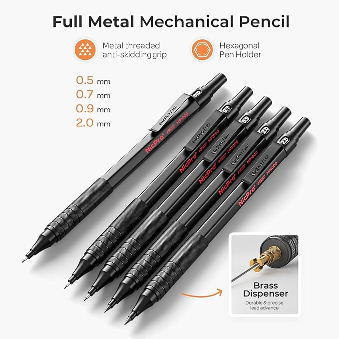 Nicpro 22PCS Art Mechanical Pencil Set, Black Artist Metal Drafting Pencil 0.5 & 0.7 & 0.9 mm & 2PCS 2mm Graphite Lead Holder(4B 2B HB 2H) for Drawing Writing Sketching With Lead Refills Erasers Case