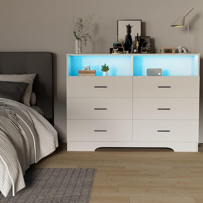 Dresser with Power Outlets and LED Lights Wooden 6 Drawer Dresser with Large Organizer Tall White Drawer for Bedroom Modern Chest of Drawers Closet for Living Room Kids Room