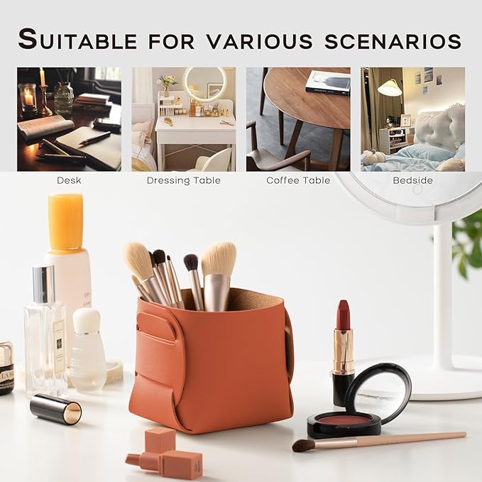 HOMIEAZICOZI 2-Pack Cork Leather Desk Accessories Storage - Pencil Pen Holder - Makeup Brush Holder Organizer - Stylish Addition to Home Decor (Orange)