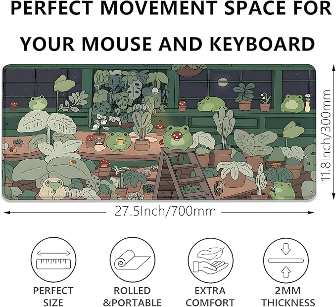 Cute Frog Desk Mat Mouse Pad,Cartoon Frog Desk Pad,Kawaii Green Desk Decor,Desk Mat for Frog Desktop,Stitched Edges Non-Slip Waterproof Rubber Base Mous Mat for Office Home Work Gaming(27.5X11.8 in)