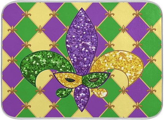 Mardi Gras Fleur De Lis Dish Drying Mat 18 X 24 Inch Rhombus Carnival Mask Absorbent Microfiber Dry Dishes Pads Tableware Mats Protector for Kitchen Countertops Counter Home Decorations
