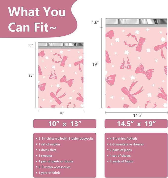Poly Mailers 14.5x19 Inch 50 Pcs - Pink Bow printed Shipping Bags, 2.4mil Thickness, Waterproof and Tear Resistant Mailing Envelopes, Self-Sealing Packaging Bags for Small Business