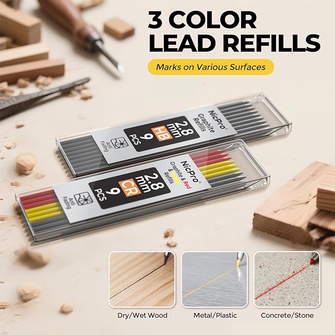 Nicpro Carpenter Pencil with Sharpener, CP3000 Carpenter Mechanical Pencils with 19 Refill, Deep Hole Marker for Construction, Heavy Duty Construction Pencil, Woodworking Tool for Architect Marking
