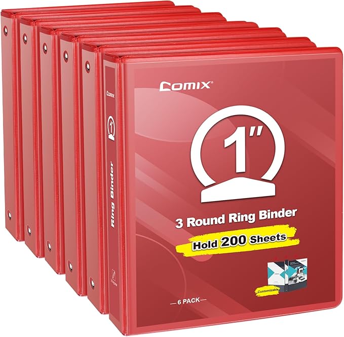 COMIX 3 Ring Binder 1 inch with Clear View Cover, 1" View Binder Holds 200 Sheets of US Letter Size Paper, 6 Pack (Red)