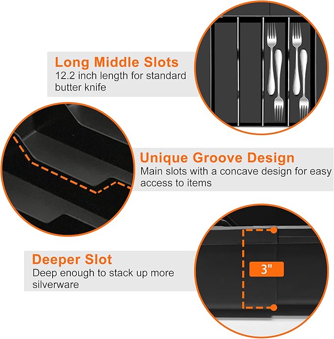 Silverware Organizer - Expandable Kitchen Drawer Organizer, Adjustable Silverware Drawer Organizer, Plastic Cutlery Tray for Forks, Knives, Kitchen Drawer Organizers and Storage, Black