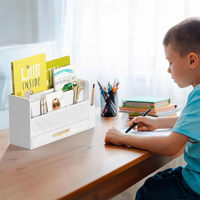 Bamboo Desk Organizer Mail Holder Countertop Wood Desk Drawer Tabletop Storage Box Pen Holder Letter Sorter Makeup Organizer for School Home Office Supplies with Pen Holder White