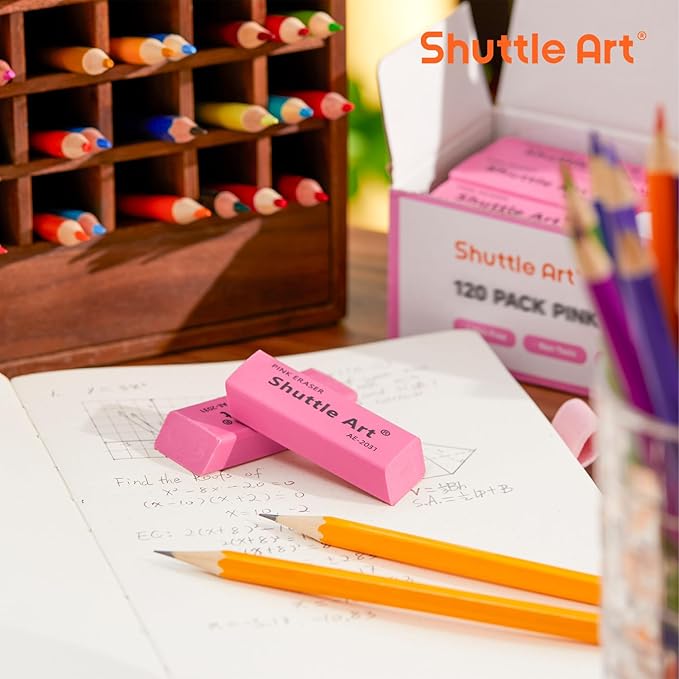 Pink Erasers, Shuttle Art 120 Pack Pink Erasers Bulk for School, Office, Latex-Free Soft Eraser for Kids, Teachers as School Supplies