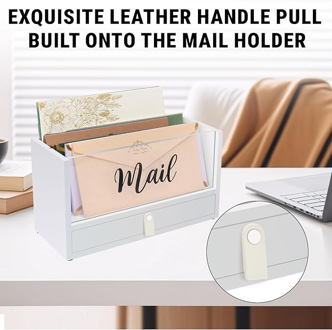 Two-Layer Solid Wooden Mail Storage Organizer Holder with Clear Acrylic Top and Bottom Drawer, Leather Handle, Keeping Mail, Bills, Letters, Cards and Office Supplies in One Place, Home Decor Gifts