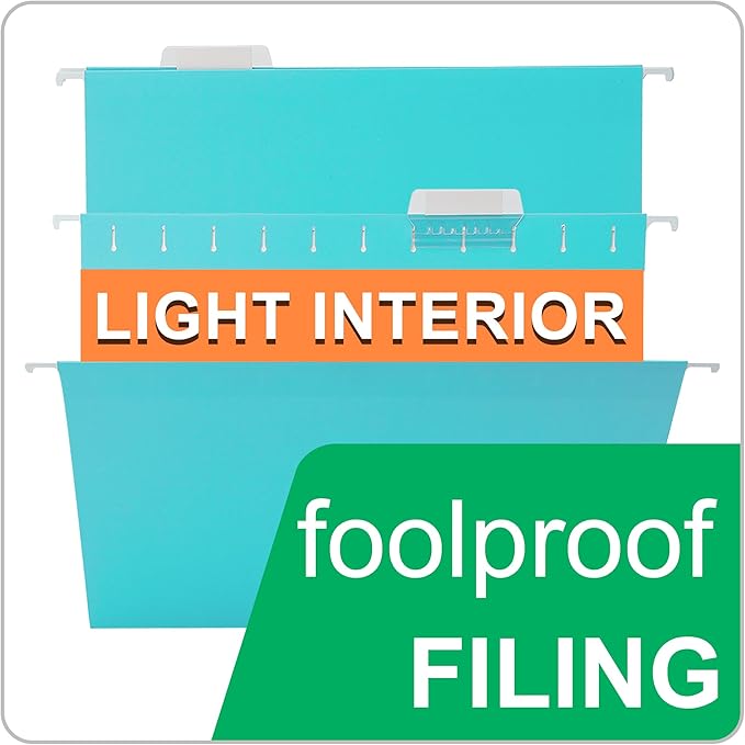 Cyan Blue Hanging File Folders,25 Packs Letter Size File Folder,Designed for Bulky Files,Filing Cabinet,1/5 Adjustable Tabs for Office,School,Home