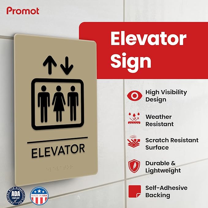 Promot Elevator Sign – ADA Braille Elevator Decor for Business, Self-Adhesive, 9" x 6", Commercial Door Signage, Office Wall Decor - Taupe