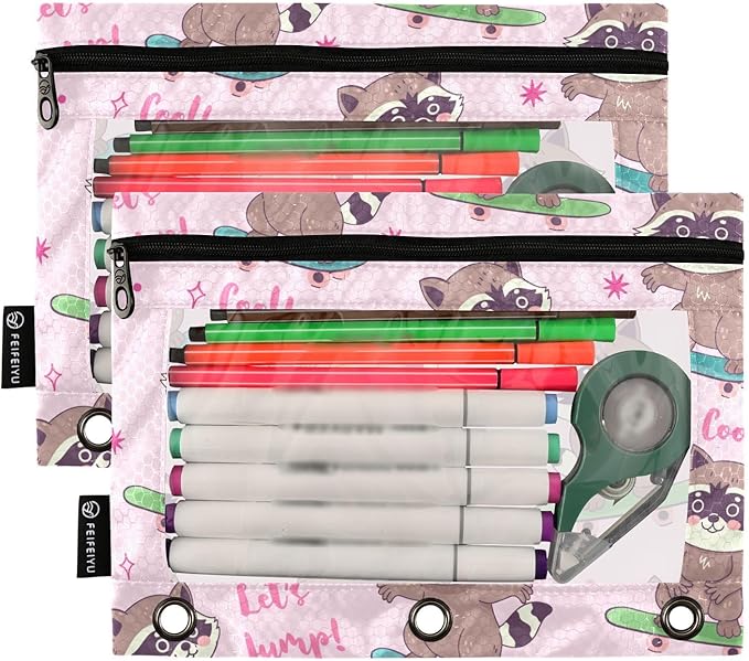 ZAZYXTJ Raccoon Binder Pencil Pouchs 3 Ring with Zipper Clear Window Office Organizers bag for School Students Teacher Supplies 2 Pack