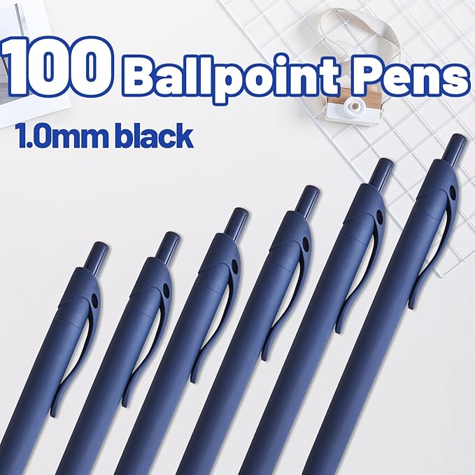 BallPoint Pens, 100 Pack (BLACK Ink),Bulk Pens, Navy Blue Barrel,Click Pens for Office Home and School, Retractable Ballpoint Pens, Medium Point, 1.00MM (Navy Blue)