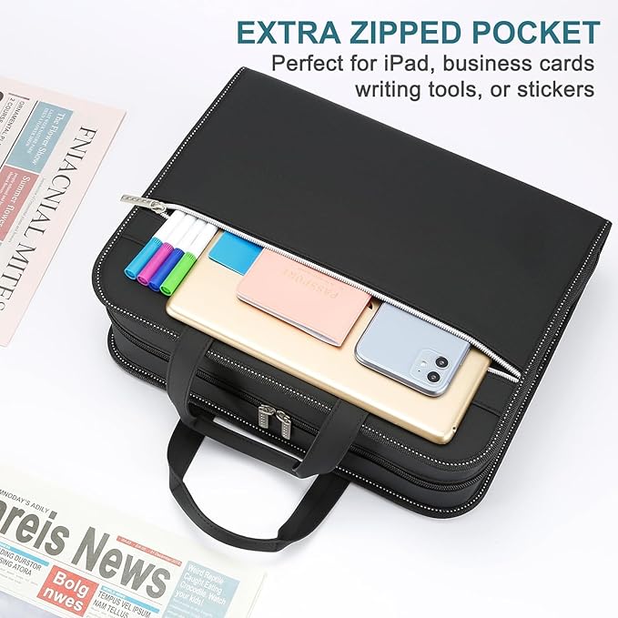 SEEKIND PU Leather Accordian File Organizer 26 Pockets, Expanding File Folder with Handle&Carrying Strap, Document Organizer File Holder for Letter Size / A4 File, for Office, School-Black