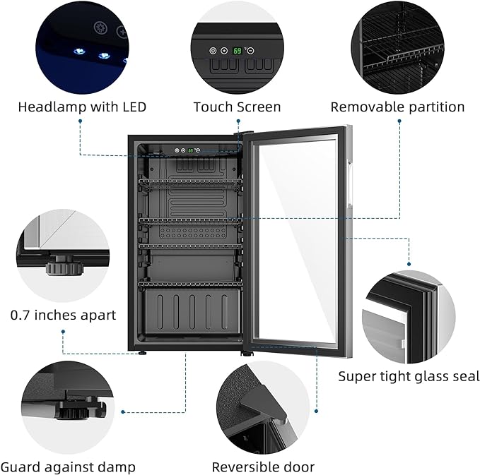 Compact Freestanding Beverage Refrigerator,126 Can/3.2 Cubic FeetMini Fridge with Reversible Glass Front Door for Soda, Beer, or Wine, Under Counter Drink Refrigerator with Adjustable Shelves