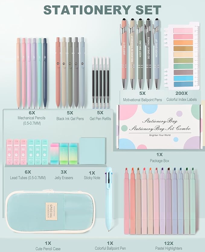 56 PCS Aesthetic School Supplies Cute Stationary Set with Pencil Case, Inspirational Ballpoint Pens, Highlighters, Black Ink Gel Pens,Mechanical Pencils 0.5-0.7mm, College Student Essentials (Blue)