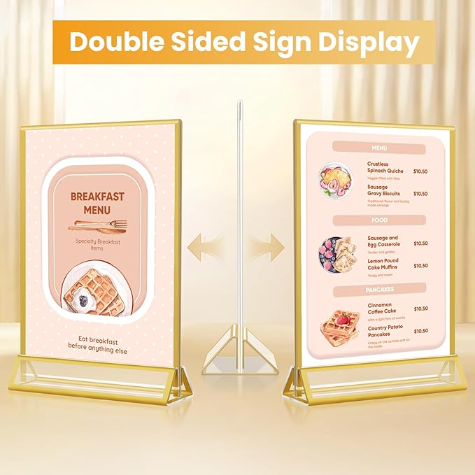 4x6 Gold Acrylic Sign Holder, 12 Pack Wedding Table Number Holder Stands with Vertical Gold Borders, Double Sided Picture Frame Paper Stand, Clear Photo Display Menu Holder for Party, Home, Restaurant