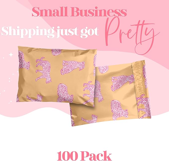 14.5x19 Designer Poly Mailer 100 Pack Heavy Duty Waterproof Self Seal Shipping Bags for Small Business Large Mailing Envelopes Bulk Tear Resistant Packaging Pink Orange Leopard