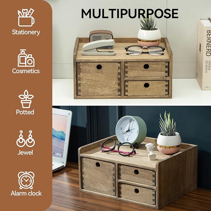 KIRIGEN Desk Organizer with 3 Drawers - Wood Drawer Storage Box with Trays for Tabletop - Workspace Office Toiletries Supplies Tool Caddy - Wooden Storage Cabinet1 Layer Dark Brown（DT1D3C-DBR）