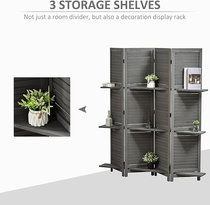NicBex Room Divider 4 Panel Room Dividers with Storage Shelves Partition Room Dividers and Folding Privacy Screens 5.6 FT Wall Divider for Home, Office, Room Separation,63.75"W x 0.75"D x 67"H, Gray