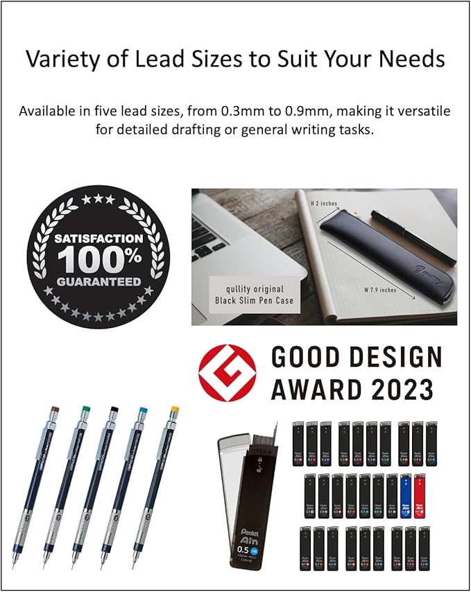 Graphlet Mechanical Drafting Pencil + Ain HB/B/2B leads, original Black slim pen case (0.5mm)