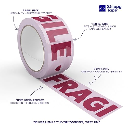 Fragile Packing Tape, Pink Burgundy Heart Cute Designer Packaging and Shipping Tape for Small Business - Printed Tape for Moving, 1.88" x 110 Yards (330 feet)